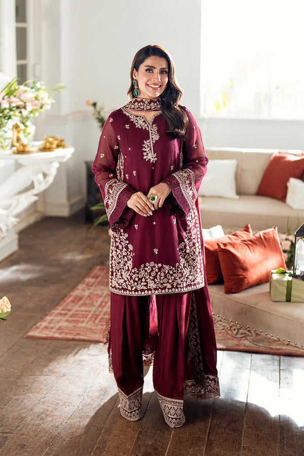 Azure - Berry Dusk  Three Piece Embroided Khadi Net Suit